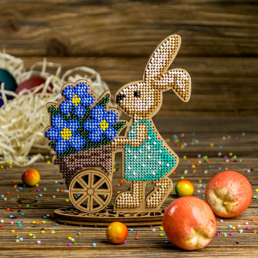 Bead Embroidery on Wood Kit - Bunny with Flower Cart